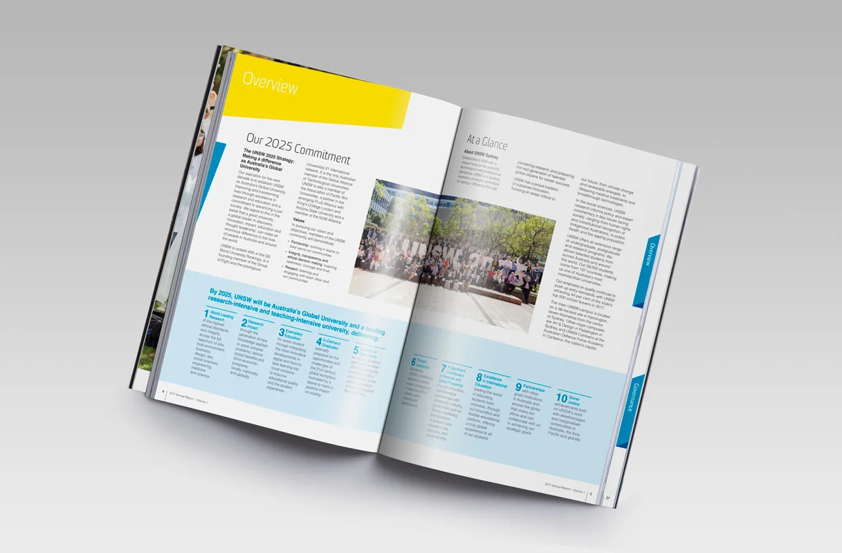 UNSW Annual Report Magazine Design Review Financials Publication Fresco Creative Surry Hills Graphic Icons Charts Tables University of New South Wales Financial Statements