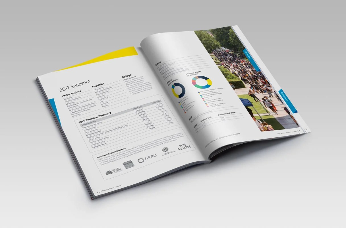 UNSW Annual Report Magazine Design Review Financials Publication Fresco Creative Surry Hills Graphic Icons Charts Tables University of New South Wales Financial Statements