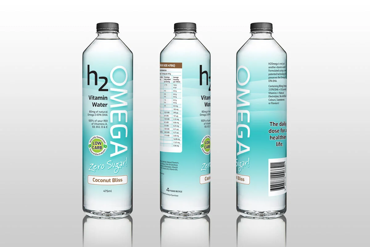 H2Omega Vitamin Water Zero Sugar Packaging Design Plastic Shrinkwrap Graphic Design Range Flavours Bottle FMCG Fresco Creative Surry Hills Sydney