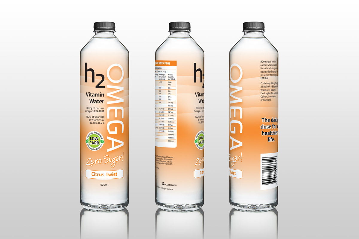 H2Omega Vitamin Water Zero Sugar Packaging Design Plastic Shrinkwrap Graphic Design Range Flavours Bottle FMCG Fresco Creative Surry Hills Sydney
