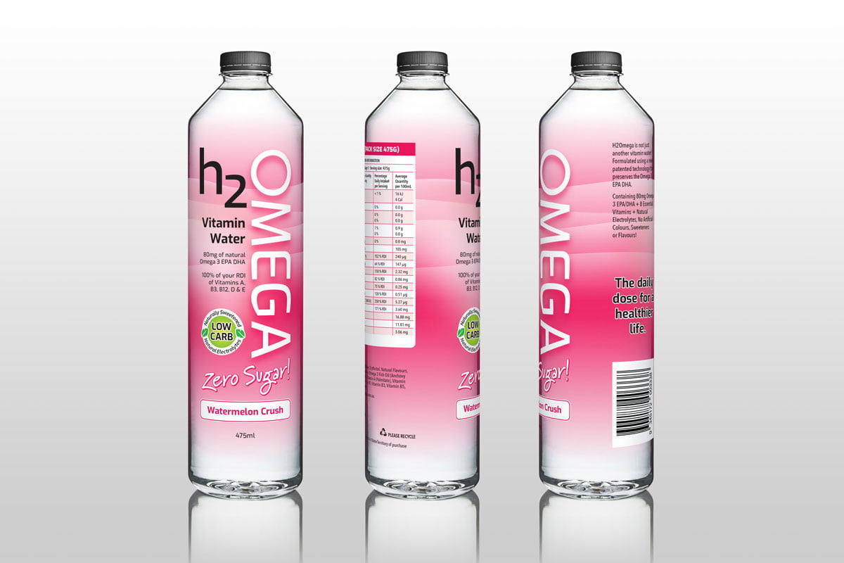 H2Omega Vitamin Water Zero Sugar Packaging Design Plastic Shrinkwrap Graphic Design Range Flavours Bottle FMCG Fresco Creative Surry Hills Sydney