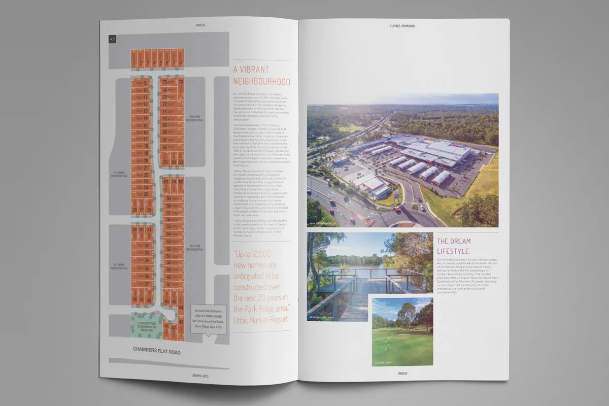 Tribeca Arc Park Ridge Brochure Estate Publication Sales Booklet Property and Development Home Builder Map Infographic Print Extra tall Design Graphic Fresco Creative Surry Hills Sydney