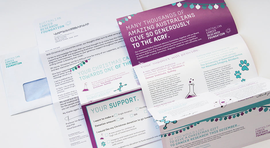 Australian Cancer Research Foundation (ACRF) Appeal Direct Mail Design Graphic Form Interactive Fill Autofill Donation Feedback Data collection Envelope Fresco Creative Surry Hills Christmas