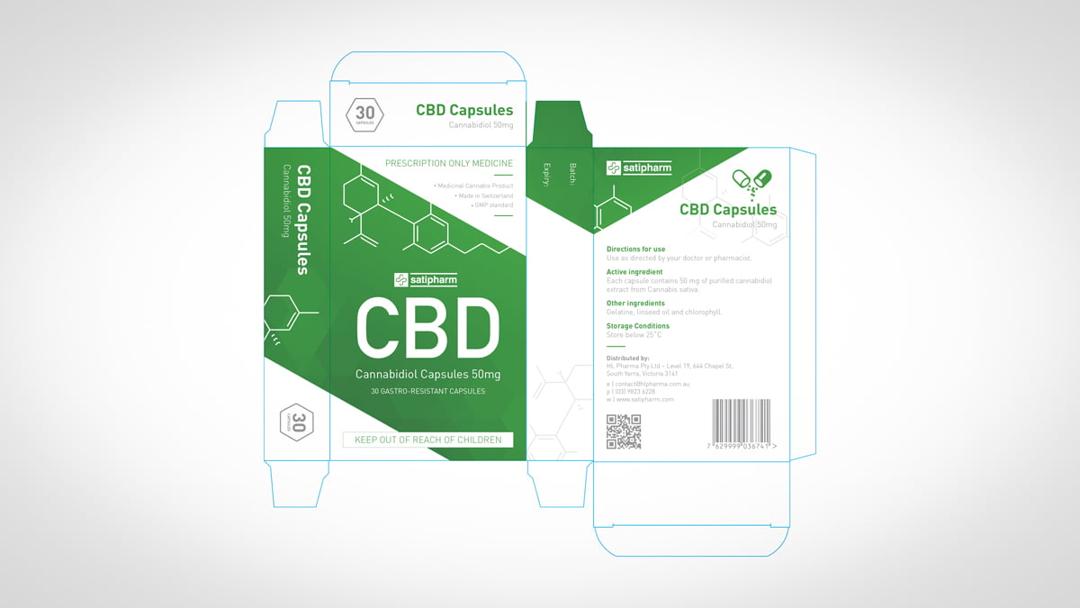 Satipharm CBD Packaging Design Cannabinoid Capsules 50mg gastro-resistant Graphic Die-line Knife Die Cut Box Dieline