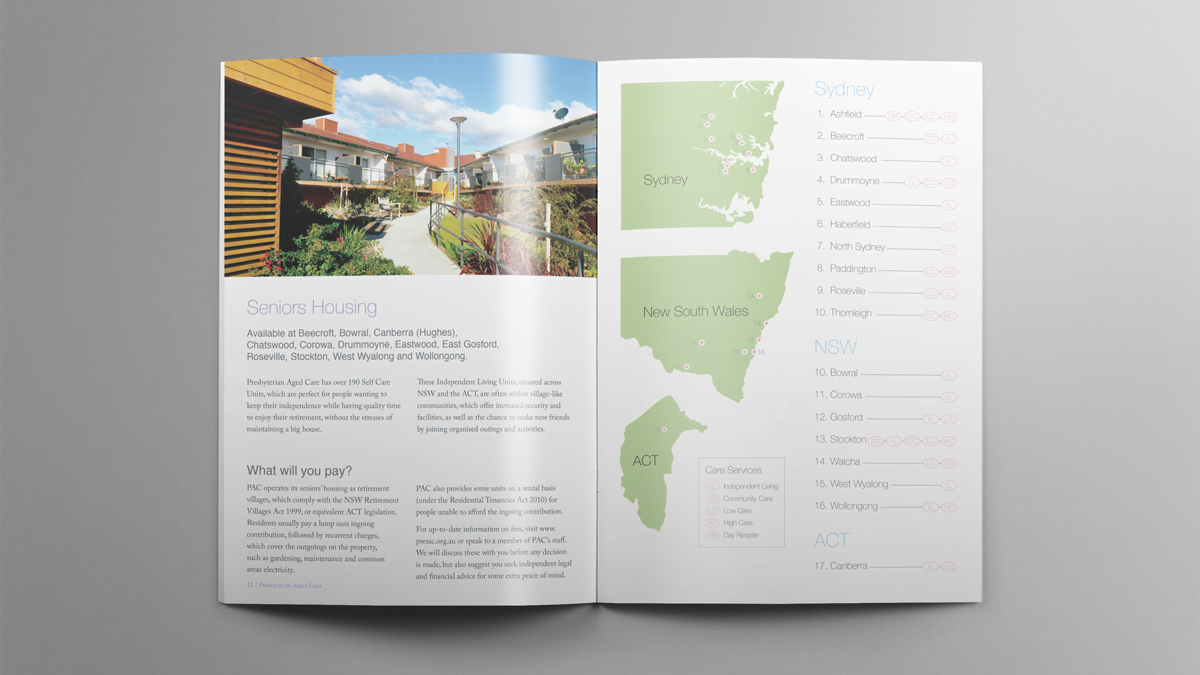 Presbyterian Aged Care Brochure Design Publication Graphic Company Profile Aged Care Facilities Map