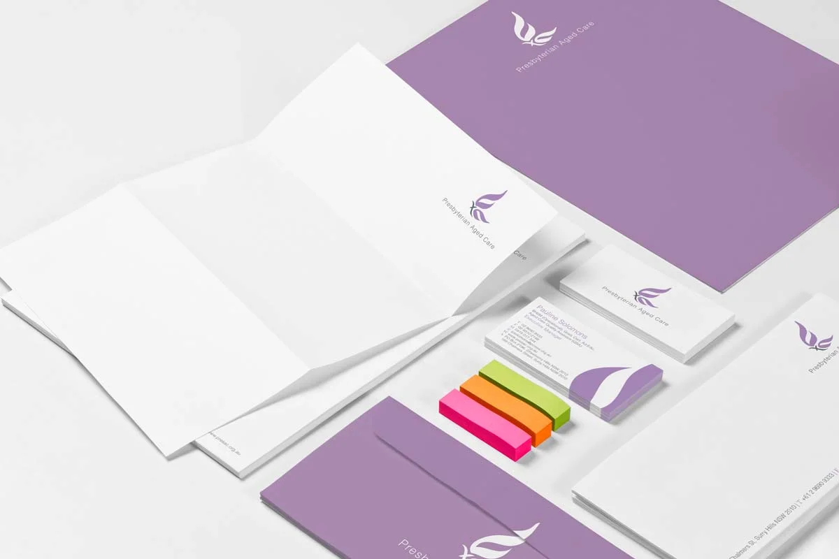 Presbyterian Aged Care Sub Brand Logo Design Graphic Branding Stationery Development Fresco Creative Business Card With COmpliments Slip Envelope