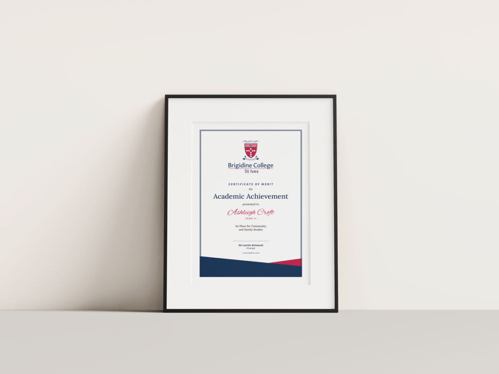 Certificate Design for Brigidine College St Ives by Fresco Creative